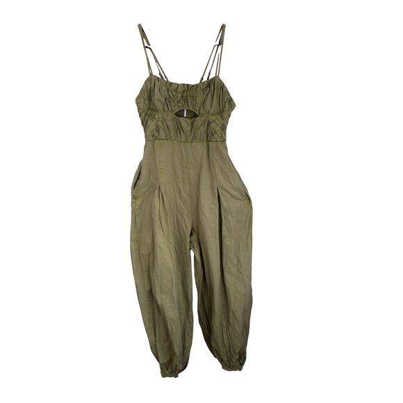 Free People Pants - Free People Kingston Jumpsuit Small Olive Green Smocked Cutout Cotton Harem